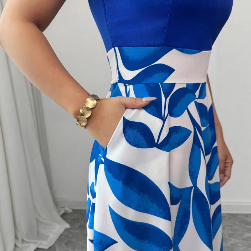 Vestido de mujer con cuello en V estampado, versatil, con un azul enterizo en la parte superior,  blanco y azul en la parte inferior 


