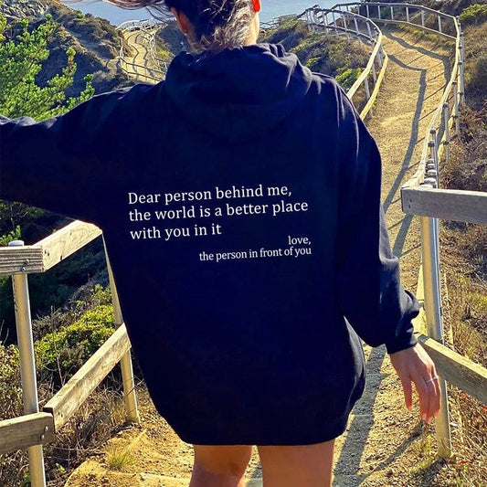 HabanaStrong Ropa Casual Hombres y Mujer, Ropa Europe Blue / XL Dear Person Behind Me,the World Is A Better Place,with You In It,love,the Person In Front Of You,Women's Plush Letter Printed Kangaroo Pocket Drawstring Printed Hoodie Unisex Trendy Hoodies