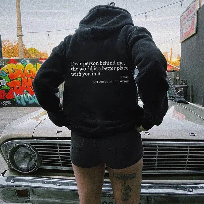 HabanaStrong Ropa Casual Hombres y Mujer, Ropa Europe Dear Person Behind Me,the World Is A Better Place,with You In It,love,the Person In Front Of You,Women's Plush Letter Printed Kangaroo Pocket Drawstring Printed Hoodie Unisex Trendy Hoodies