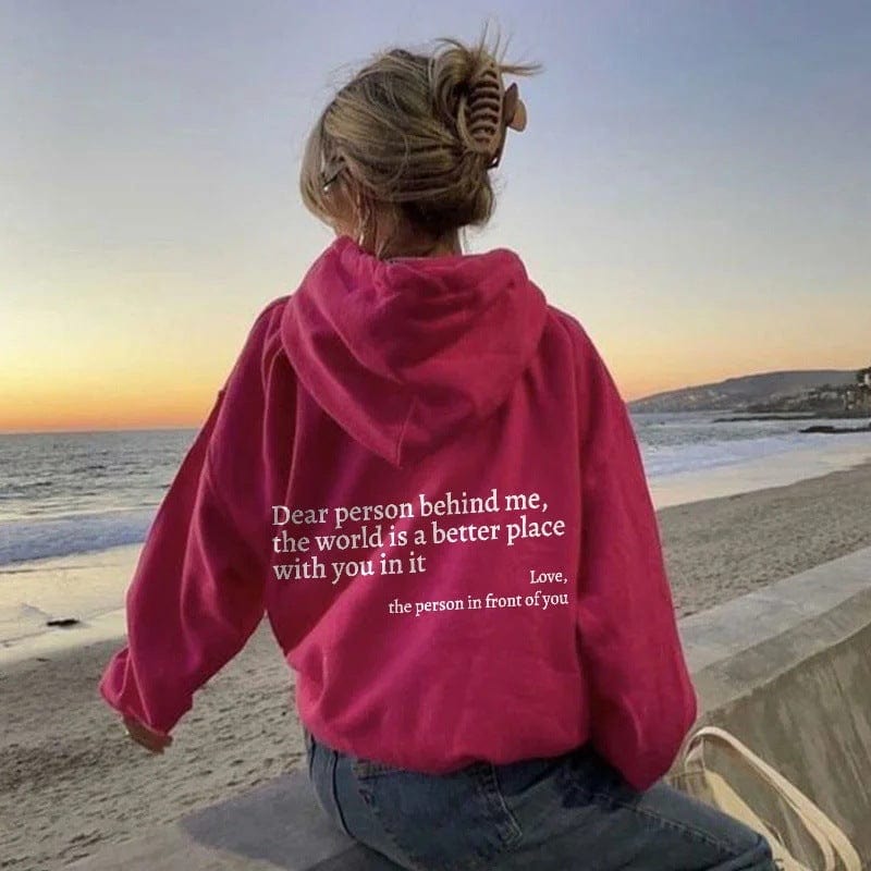 HabanaStrong Ropa Casual Hombres y Mujer, Ropa Europe Red / 2XL Dear Person Behind Me,the World Is A Better Place,with You In It,love,the Person In Front Of You,Women's Plush Letter Printed Kangaroo Pocket Drawstring Printed Hoodie Unisex Trendy Hoodies